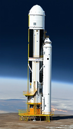 A Large White Rocket Ship With A Yellow Ladder Leading Up To The Top Of The Ship