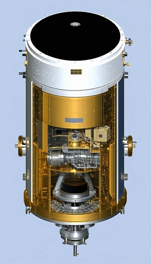 A Large, Round, Metallic Structure Is Shown In A Blue Background