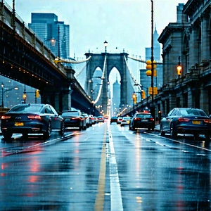 Urban Tilt-shift Photography: Iconic Bridge With Rain-slicked Streets With Busy City