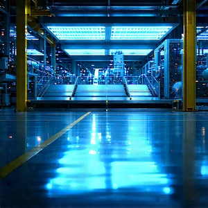 Entertainment Technology In Manufacturing Facility With Large, Blue-lit