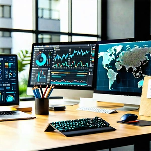 Business Octane Render: Workplace with (digital:1.31) devices on desk