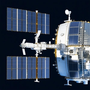 A Large Spacecraft With A Prominent Satellite Dish On Its Side