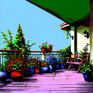 Lifestyle Woodcut Print: Balcony Garden With Plants And Natural Elements With Colorful Drawing