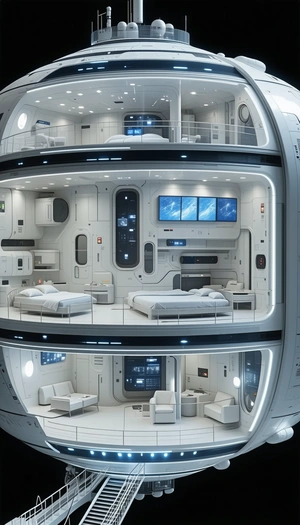 A Futuristic, White, And Sleek Living Space With A Large Circular Window