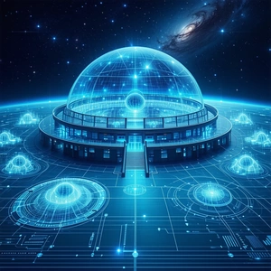 The Image Is A Futuristic Drawing Of A Large, Round Building With A Dome-shaped Roof