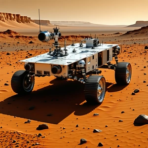 A Futuristic Vehicle, Possibly A Rover Or A Tank, Driving Across A Rocky Terrain