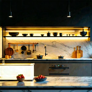 Lifestyle Tilt-shift Photography: Modern Kitchen With Warm Lighting With Large, Modern