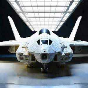 Tech Voxel Art: Aerospace Technology In Research Center With White Fighter