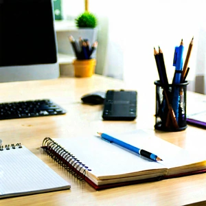Business Minimalist Design: Workplace with notebooks and pens on desk