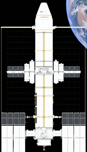 A Large Spacecraft With A Cross-shaped Design, Likely A Space Station Or A Spacecraft
