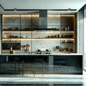 Lifestyle 3d Render: (modern:1.24) Kitchen With Minimalist Decor With Showcases Large,