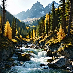Nature 3d Render: Mountain Stream Surrounded By Autumn Trees With Beautiful Mountain