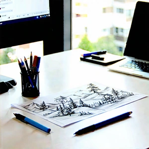 Business Ink Drawing: Workplace With Productivity Tools On Desk With Computer Desk