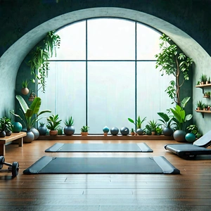 Lifestyle Aerial Photography: Wellness Scene With Fitness Equipment With Large, Open