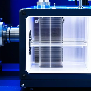 A Large, Blue Box With A Clear Window On The Front