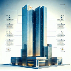 Urban Infographic Style: Skyscraper With Artistic Facade With Large Building