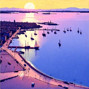 Urban Woodcut Print: Aerial View Of Harbor District With Painting Harbor