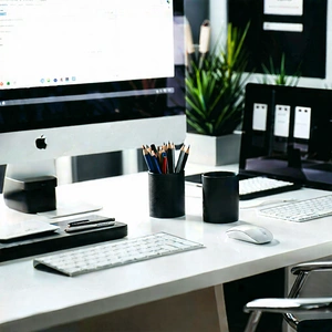 Business Editorial Photography: Workplace with (modern:1.19) office supplies on desk