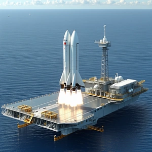 A Large Space Shuttle On A Floating Platform In The Ocean