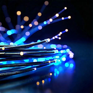Close-up Of Fiber Optic Cables With Blue Light
