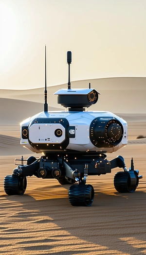 A Large Robotic Vehicle With A Dome-shaped Top, Sitting In A Desert-like Environment