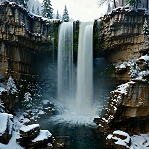 Nature Drone Photography: Waterfall In Winter Snow With Large Waterfall