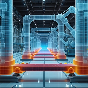 In The Image, There Is A Factory With A Long Row Of Robots Lined Up