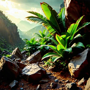 Nature Macro Photography: Tropical Plants In Rocky Terrain With Large Green