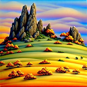 Nature Gouache Painting: Rock Formation In Autumn Colors With Beautiful Landscape