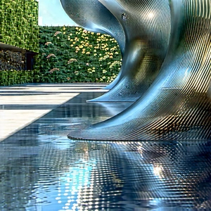 Abstract Professional Photography: Metal Installation With Reflection With Large, Curved