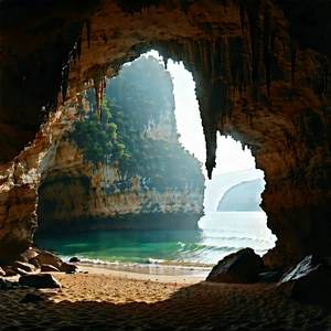Nature Matte Painting: Cave Entrance In Summer With Beautiful Beach