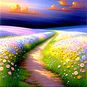 Nature Oil Painting: Path Through Flowering Meadow With Beautiful, Colorful