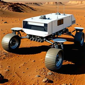 A Large, White, Four-wheeled Vehicle Driving Across A Desert-like Terrain