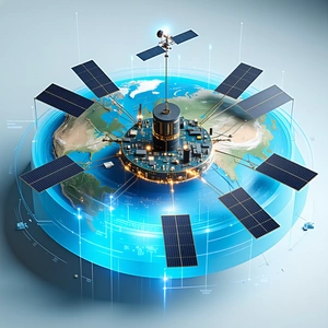 A Large, Blue, Solar-powered Satellite Is Shown In A Close-up View