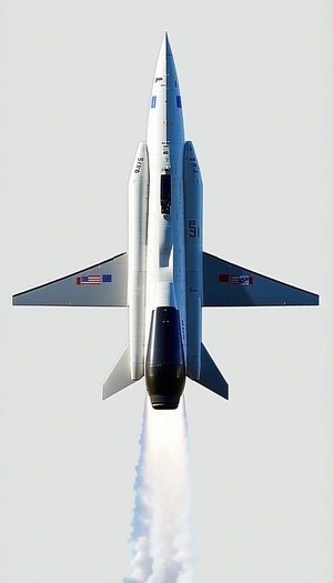 A White And Blue Jet Is Flying Through The Sky, Leaving A Trail Of Smoke Behind It