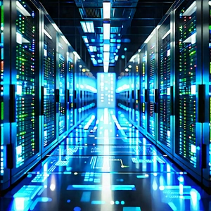 Server Rack With Data Streams With Large, Blue-lit