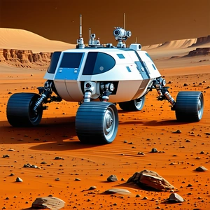 A Futuristic Vehicle Is Parked On A Red Dirt Surface, Possibly On Mars