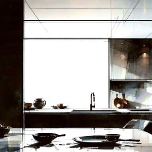 Lifestyle Ink Drawing: Modern Kitchen With Minimalist Decor With Black White
