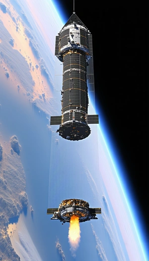A Space Station With Two Large Satellites Attached To It