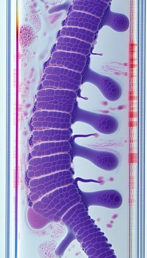 A Purple, Pink, And Red Tissue Sample, Possibly A Piece Of A Spine, Placed In A Glass Container