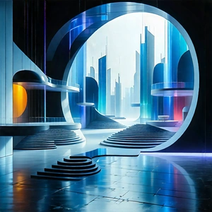 Tech Acrylic Painting: (futuristic:1.3) Innovation Hub With Image, There