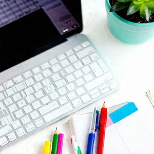 Business Flat Design: Workplace with notebooks and pens on desk