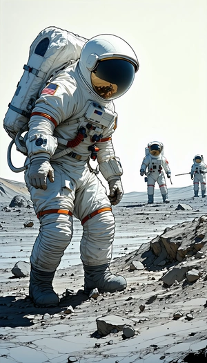 In The Image, There Are Three Astronauts Standing On A Rocky Surface, Possibly On The Moon