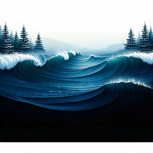 Nature Flat Design: Ocean Waves Surrounded By (snow:1.46)-covered Trees With Painting Large