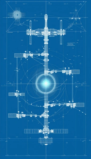 A Blue Drawing Of A Space Station Is Displayed