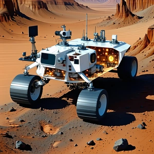 A White Robotic Vehicle, Possibly A Rover, Driving Across A Rocky Terrain