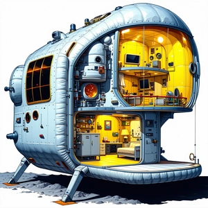 The Image Is A Cartoon Drawing Of A Space Station, Which Is A Large, Round, And White Structure