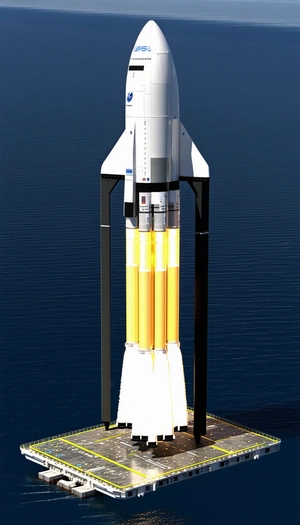 A Large Rocket Ship Is Floating On The Water, With Its Booster Rockets Attached