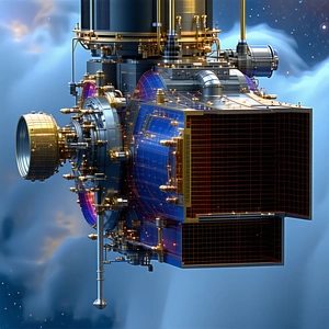 A Large, Futuristic Spacecraft Is Shown In A Blue And Gold Color Scheme