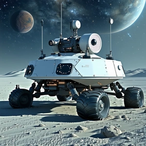 A Futuristic Robotic Vehicle, Possibly A Rover, Parked On A Rocky Surface